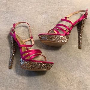 Nine West Pink Satin Glitter Platform Sandals